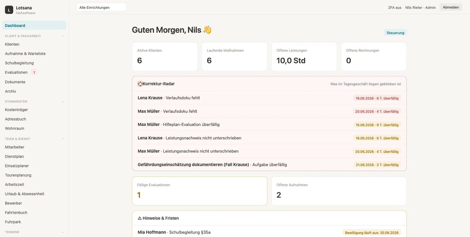 Lotsana Dashboard – Übersicht über Klienten, Leistungen, Termine und Aufgaben