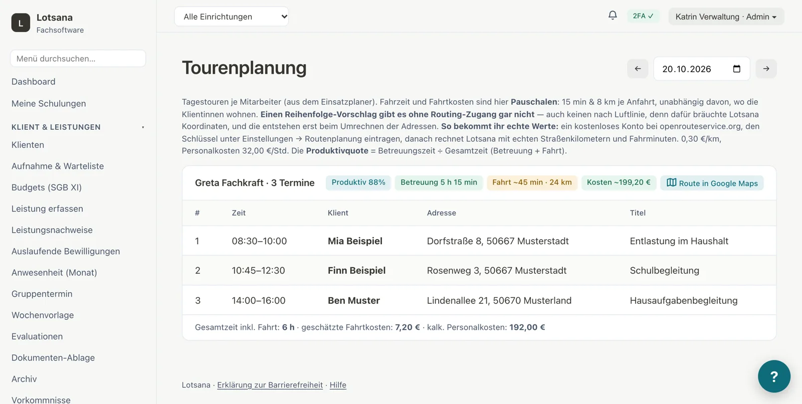 Tourenplanung: Tagestour je Mitarbeiter mit Betreuungszeit, Fahrzeit, Kilometern und Produktivquote
